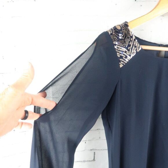 SEQUIN HEARTS BLUE WITH SEQUIN DETAIL LONG SHEER SLEEVE WITH CUTOUT FLOWY DRESS - Picture 5 of 11